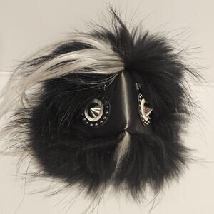 FENDI Bag Bug Monster Keychain Key Ring Black and White Fur Leather Face / Studs
